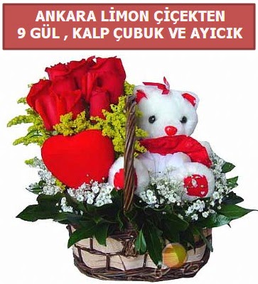 Kalp çubuk sepette 9 gül ve ayıcık  İstanbul Üsküdar çiçekçi telefonları 