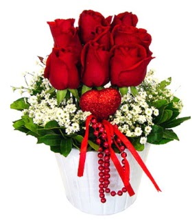 9 kırmızı gül seramik ve kalp çubuk  İstanbul Üsküdar çiçek gönderme 