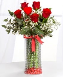 Cam vazoda 5 adet kırmızı gül kalp çubuk  İstanbul Üsküdar ucuz çiçek gönder 