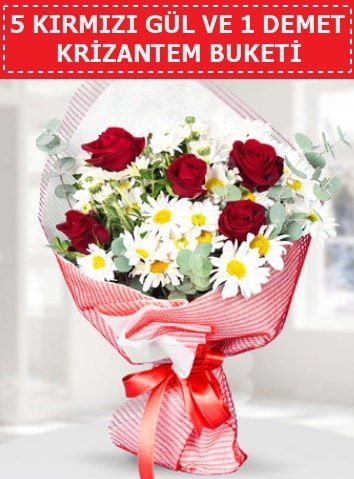 5 adet kırmızı gül ve krizantem buketi  İstanbul Üsküdar çiçek satışı 
