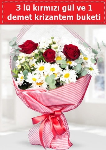 3 adet kırmızı gül ve krizantem buketi  İstanbul Üsküdar çiçek gönderme sitemiz güvenlidir 